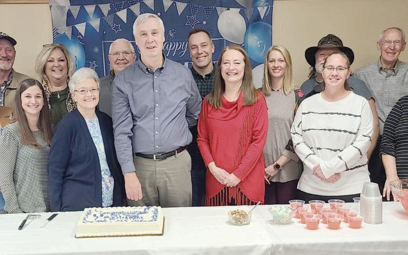 RETIREMENT RECEPTION HELD FOR COUNTY AUDITORS— Ochiltree County held a reception last week to commemorate the retirements of County Auditor Jim Dear and Deputy County Auditor Joyce Meyer. Dear had been County Auditor for 15 years, while Meyer had been the Deputy County Auditor for 17 years. The new County Auditor, sworn in at the beginning of January, is Lynn French.