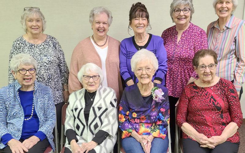 JENNIE JUNES PAST PRESIDENTS— The Jennie June Club celebrated its 75th anniversary on March 13 with a luncheon and special program. Nine past presidents of the club attended the event. Pictured are, first row, from left, Connie Allen, Evelyn Barnett, Phyllis Price (also the only remaining charter member) and Cavita Kile; and second row, Darless Bishop, Carol McGarraugh, Penny Clark, Debby Schollenbarger and Kara Malaney.
