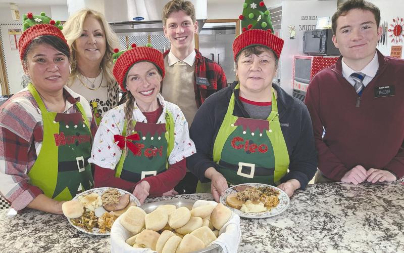 Santa’s elves at the Ochiltree County Senior Citizens Center cooked up the center’s annual Christmas lunch last week. The chefs at the center prepared a meal of turkey, dressing, ham, mashed potatoes and gravy, rolls, green bean casserole, and much more. Pictured are, from left, Norma Gonzales, Daryla Allred, Tori Blake, Elder Aiden Hatch, Cleo Flores, and Elder Jacob Stoke.