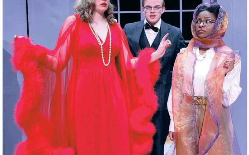 Perryton High School’s Theatre Department performed in UIL One-Act Play District competition on Tuesday here in Perryton, qualifying as Alternate. Perryton’s play was “Suite Surrender” by Michael McKeever. The farce is set at a luxury hotel in the 1940s as two Hollywood divas are accidentally booked into the same suite. Pictured are, from left, Braylee Brown as Athena Sinclair, Zavier Kinney as hotel manager Bernard S. Dunlap, and Tiana Hill as Claudia McFadden.