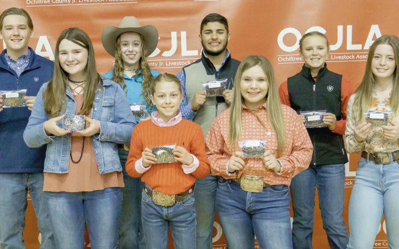 GRAND SHOWMANSHIP WINNERS— At the Ochiltree County Junior Livestock Show and Sale on Jan. 2021, the Grand Showmanship Awards were presented to participating students. Pictured are, from left, front row, Emilee Butler, Victoria Wright, Avery Swenhaugen, and Averi Pshigoda; and back row Cash Wheeler, Maddie Schickedanz, Dalton L’Esperance, and Payton Schilling. (Photo credit: Brittany Morgan)