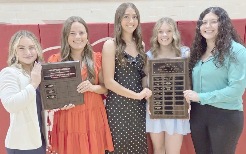 Perryton High School’s girls basketball team was recognized at the annual All Sports Awards Banquet at PHS. Pictured are, from left, Emma Lingo and Maisy McGaughy, who shared the Fighting Heart award, and Mallee Vela, Aubrey Daugherty, and Emma Martinez, who were named the team’s Most Valuable Players.
