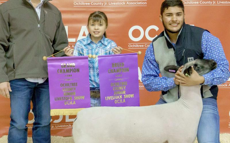 GRAND CHAMPION SHEEP— At the Ochiltree County Junior Livestock Show and Sale on Jan. 20-21, the prize for Grand Champion Sheep went to Dalton L’Esperance. His animal was bought by Premier Hot Oil Service. Pictured are, from left, Jason Pshigoda, Chloe Richardson, and Dalton L’Esperance. ( Photo credit: Brittany Morgan)