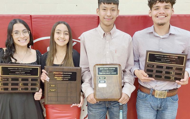 Perryton High School’s cross country teams were honored at the Perryton High School All Sports Awards Banquet. Pictured are, from left: girls MVP Averie Russell; girls Fighting Heart award winner Natalie Mandujano; boys Fighting Heart winner Damian Chavez; and boys MVP Juan Acevedo.