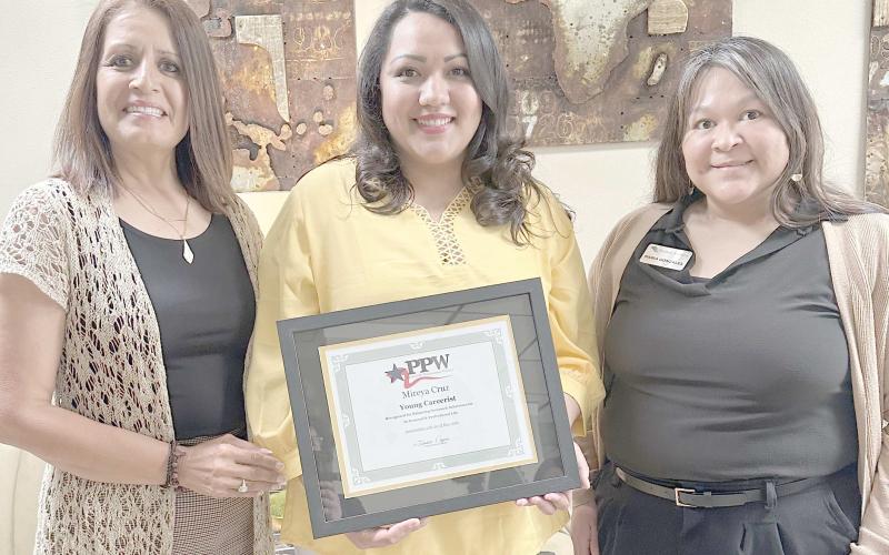 PPW YOUNG CAREERIST FOR MAY— Mireya Cruz, center, has been selected as the Young Careerist of the Month by the Panhandle Professional Women’s Club. Pictured with her are PPW members Susie Najera, left, and Maria Gonzales.