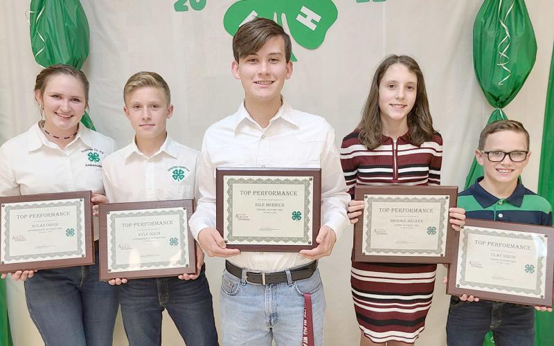 HIGH POINT WINNERS— Ochiltree County 4-H held its annual awards ceremony Monday night at the Ochiltree County Expo Center. The High Point Award winners were, from left: Rylan Oquin, Kyle Oquin, Kile Merrick, Brooke Helker, and Clay Oquin. Not pictured is Chloe Tanner.