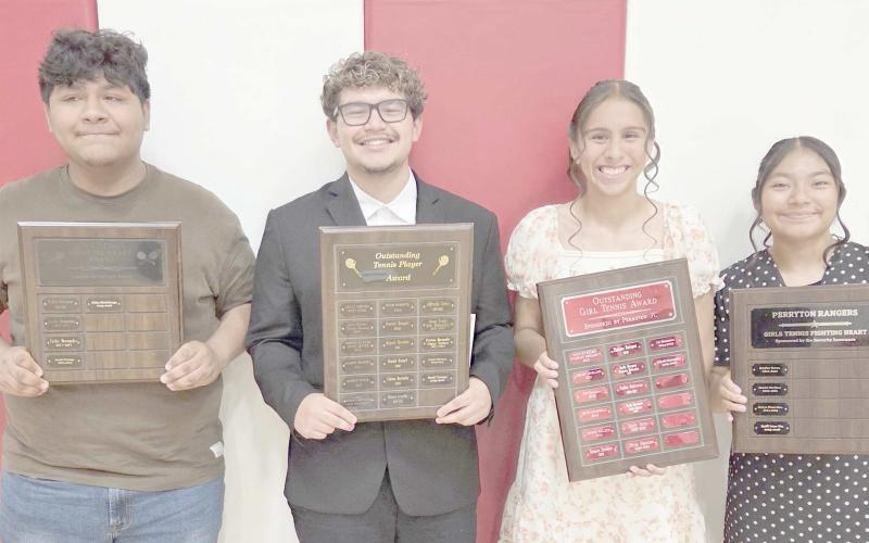 Perryton High School’s tennis teams were honored on May 4 at the Perryton High School All Sports Awards Banquet. Pictured are, from left: Aiden Montelongo, the recipient of the boys’ Fighting Heart Award; Daniel Tarango, who took home the boys’ Outstanding Boys Tennis Player award; Aliyah Hernandez, winner of the Outstanding Girls Tennis Player award; and Emili Ixtan Nas, recipient of the girls’ Fighting Heart award.