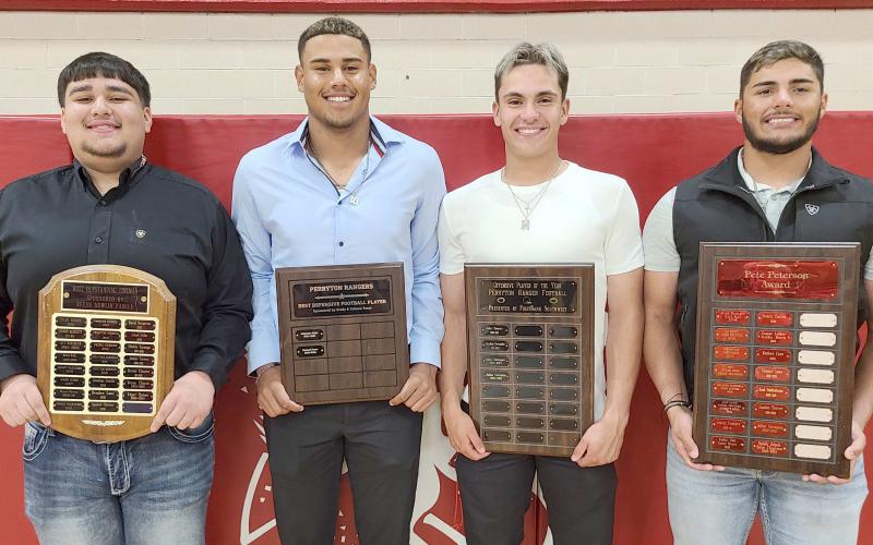Perryton High School’s football team was recognized at the Perryton High School All Sports Awards Banquet. Pictured are, from left: Edgar Ramos, Best Football Lineman; Samuel Perez, Best Defensive Player; Julian Cervantes, Best Offensive Player; and Dalton L’Esperance, Pete Peterson Award. Not pictured is Rodolfo Delgado, who also received the Peter Peterson Award.