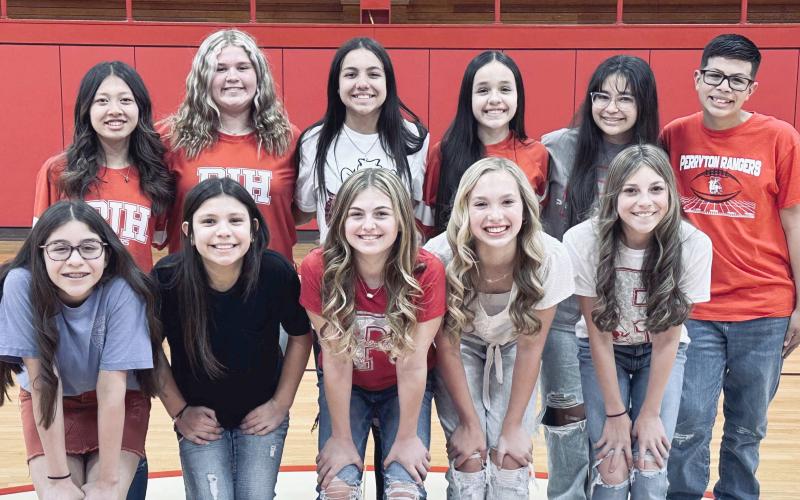 PJH SELECTS CHEERLEADERS— Perryton Junior High School’s cheerleaders have been selected for the upcoming 2023-24 school year. Pictured are, from left, front row, seventh graders Marilyn Rojo, Braelynn Kile, Maci Cook, Summer Brillhart, and Alexa Vela; and back row, eighth graders Kayman Vanosdol, Emery Day, Zoey Valdez, Leilani Estrada, mascot Naomi Becerril, and Adrian Guerrero.
