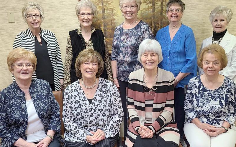 JENNIE JUNES INSTALL NEW OFFICERS—Members of the Jennie June Club inducted the organization’s new officers this month. Pictured are, from left, front row: LaDonna Barkley, third vice president, Penny Clark, second vice president, Kara Malaney, president, and Kaye Neufeld, first vice president; back row: Barbara Johnson, parliamentarian, Dorothy Ezzell, treasurer, Arlene Boxwell, secretary, Janet Blasingame, auditor, and Carolyn Thomas, correspondence secretary.