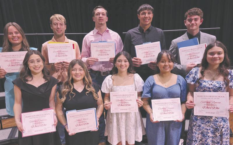 At the annual awards ceremony at Perryton High School on Tuesday, May 13, local scholarships were awarded to PHS seniors. Other awards announced at the ceremony included this year’s Who’s Who, including, from left, front row:,Valerie Ramirez, Julia Alfaro, Natalie Estrada, Destiny Vasquez, and Sabrina Nyman; back row, Maisy McGaughy, Britt Blackshear, Brayden Newman, Avaun Garcia, and Conner Kitchens.