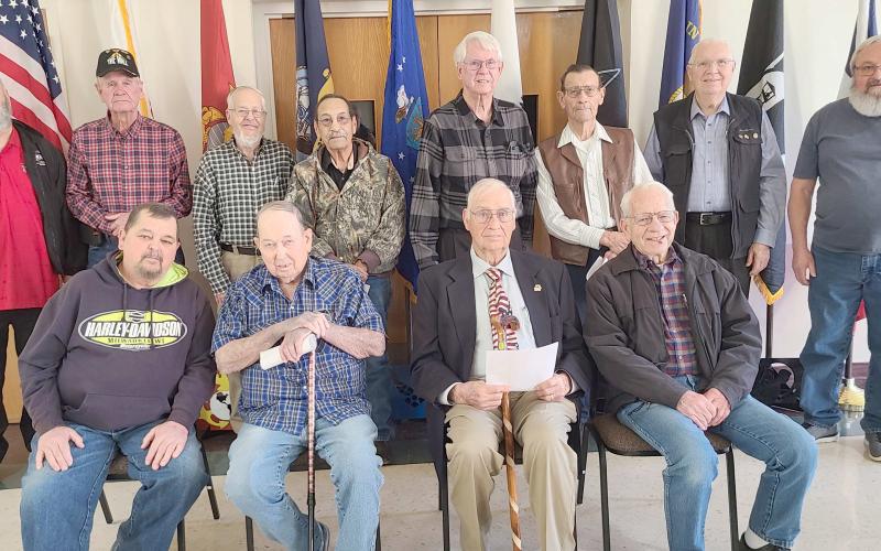 The Wolf Creek Chapter of the National Society Daughters of the American Revolution commemorated National Vietnam War Veterans Day on March 29 by recognizing and honoring local veterans of the Vietnam War during their regular meeting in March. Pictured are, from left, front row, Richard Cornelius, Larry Skinner, Bill Jarvis, and Senn Slemmons; and back row, Ken Schwalk, Danny Thurman, Arvel Wall, Charles Ludi, Bruce Roberson, Dan McDonald, Dempsey Malaney, and Freddie Bohannon.