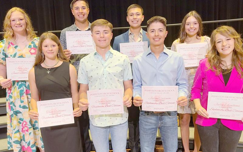 At the annual Perryton High School awards ceremony on Wednesday, May 1, students in each class were honored as the Best Citizens. Pictured are, from left, front row, freshmen Tana Williams and Cooper Schilling, and sophomores Jaxten Castanon and Jaelan Appelhans; back row, juniors Adlee Felix and Avaun Garcia, and seniors Carlos Hernandez and Breanna Castanon.