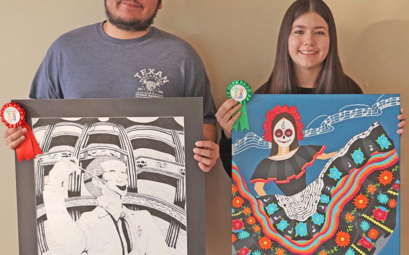 PHS ART WINNERS— Perryton High School art students competed in the ninth annual “Windows on the Wider World” art competition on Nov. 5 at the Amarillo Civic Center. The theme for this year’s contest was “Music.” Adrian Navarrete, at left, took second place in the competition and was awarded $300. Lesly Pinon, at right, placed in the top ten and was awarded $100.