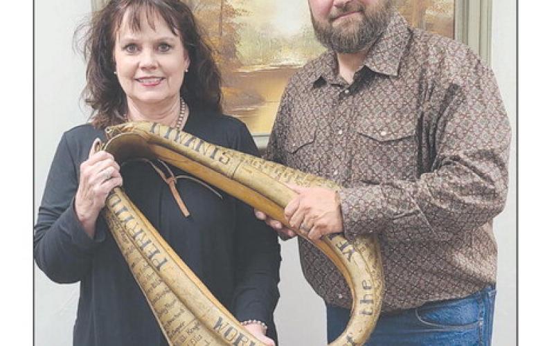 WORKHORSE OF THE YEAR The Perryton Kiwanis Club named Cami Skaggs as their Workhorse of the Year on Tuesday evening. Skaggs has served as a science teacher, cheer sponsor, UIL coach, and Gifted/Talented coordinator with PISD and is currently the district’s STEM coordinator. Pictured are, from left, Skaggs and Kiwanis president Chase Allison.