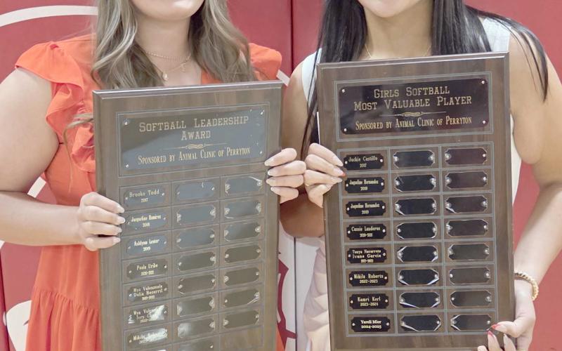 PHS SOFTBALL TEAM WINS AWARDS— Perryton High School’s softball team was honored at the Perryton High School All Sports Awards Banquet. Pictured are, from left, Maisy McGaughy, recipient of the Leadership Award, and Yaneli Mier, the team’s Most Valuable Player.