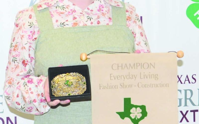 OQUIN TAKES FIRST AT STATE Rylan Oquin, a five-year member of Ochiltree County 4-H, placed first in the Every Day Living Construction competition, a garment construction event, at this month’s State 4-H Roundup in College Station. She is now eligible to compete at the National 4-H Fashion Competition.