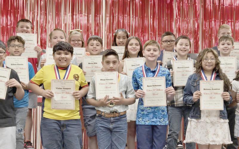 Fourth grade students receiving the Edwin F. Williams Award as the top students in the class were first row, Adrian Hernandez, Victor Vazquez, Diego Rosales, Ryan Roberson, Brianna Ramirez, and Aleah Martinez; second row, Ethan Garcia, Jeffery Hinshaw, Reece Kile, Zoey Leal, Darrell Lynch, Chase Manross, and Aleysa Ontiveros; and third row, Maverick Kerl, Kane Alvarez, Marlee Barnett, Daniella Becerril Hernandez, Ayden Cruz, Jax Cunningham, and Melanie Flores.