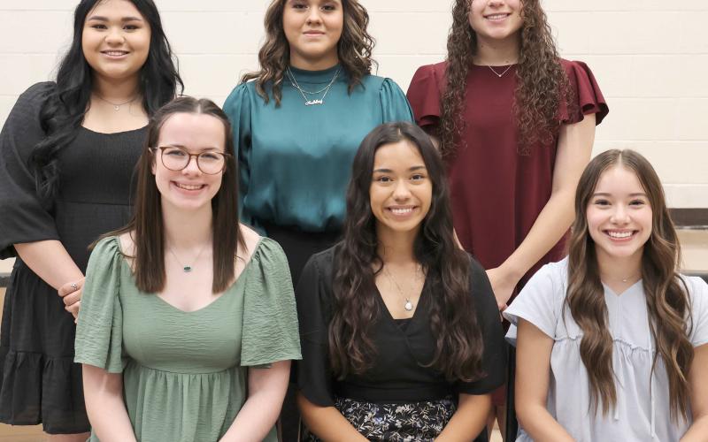 NHS OFFICERS RECOGNIZED— Perryton High School’s chapter of the National Honor Society inducted new members last month and recognized current members of the society. This year’s NHS officers include, from left, front row: president Catelyn Thomas, vice president Sofia Flores, and secretary Emily Ortiz; back row: Student Council representative Genesis Mendoza-Escarcega, historian Ashley Garcia, and treasurer Mackenzi Stokes.