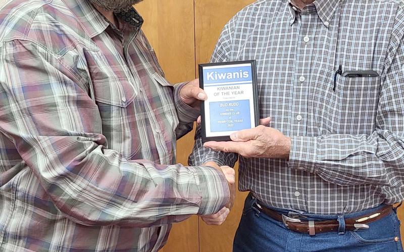 KIWANIAN OF THE YEAR— The Perryton Kiwanis Club recognized Budd Rudd as their Kiwanian of the Year for 2020 during their annual banquet on Tuesday evening. Pictured are, from left, Kiwanis president Chase Allison and Rudd.