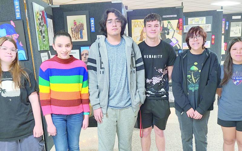 With Perryton High School’s annual art show open through May 15, art judges presented awards for the Best Portfolios in the show. Winners are, from left, Madison West (Art 4), Sadie Cummins (Art 2), Pedro Palacios (Art 3), Sean Newton (Photography 1), Milagros Espino (Art 1), and Emily Ochoa (Photography 2). Each portfolio winner received a $25 cash prize.
