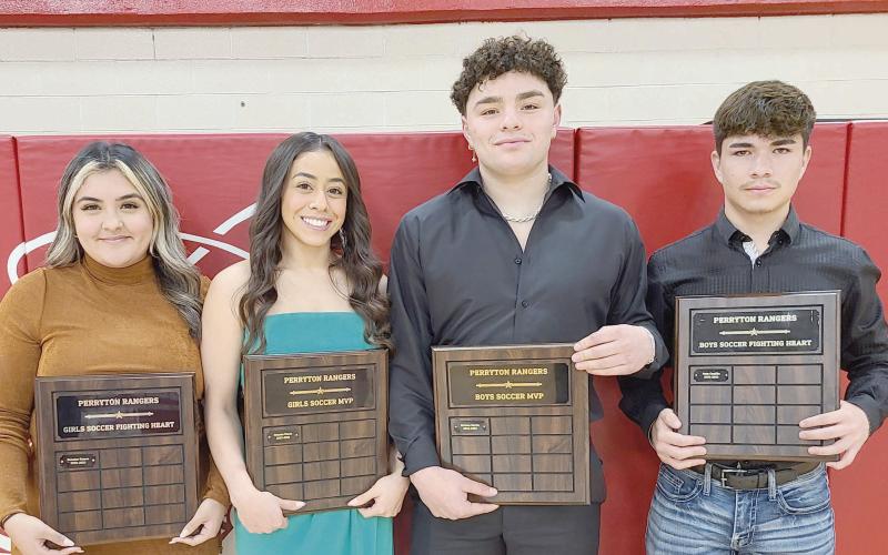 SOCCER TEAMS’ TOP PLAYERS HONORED— Perryton High School’s new soccer teams were honored at the annual Perryton High School All Sports Awards Banquet on May 1. Pictured are, from left, Dennise Gomez, girls team Fighting Heart award winner; Genesis Flores, girls team MVP; Stetson Garcia, boys team MVP; and Iram Castillo, boys team Fighting Heart award winner.