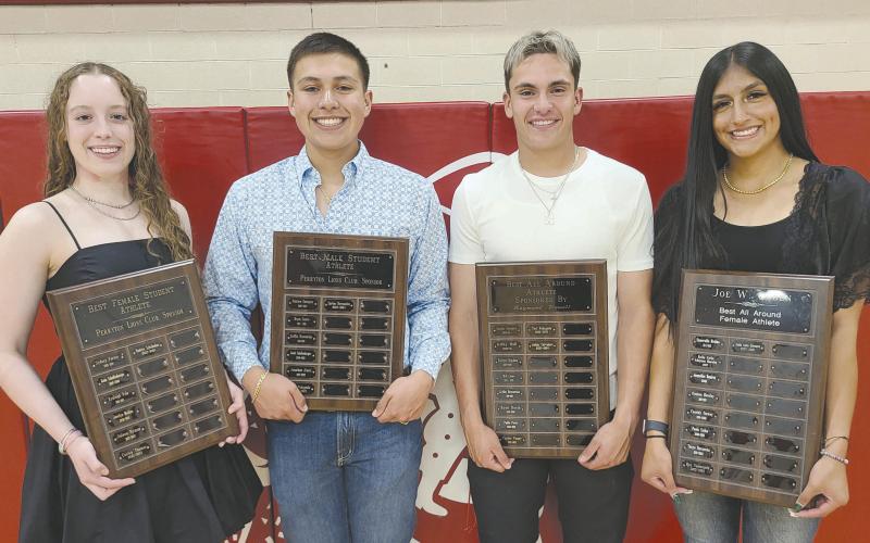 High school athletes were honored at the Perryton High School All Sports Awards Banquet on Monday evening. Students in every sport were recognized and honored by their coaches, with a number of awards presented. Among the top honorees were, from left, the school’s Best Student Athletes, Madelyn Schickedanz and Carlos Hernandez, and the Best All Around Athletes, Julian Cervantes and Analia Loera Cervantes.