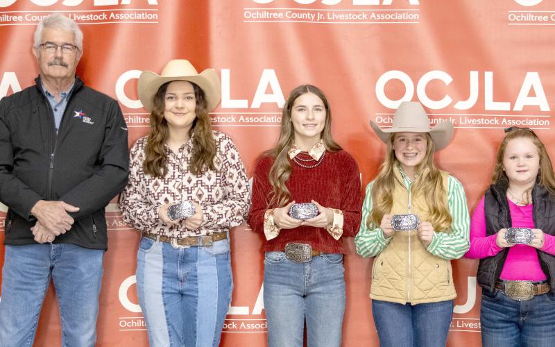 The Junior Showmanship Awards were presented to students at the Ochiltree County Junior Livestock Show and Sale on Jan. 16-17. Pictured are, from left: David Peckenpaugh with Texas Farm Bureau, Mackenzi Palmer, Davanee Anderson, Lakyn Boxwell, and Bryar Herod. ( Photo credit: Hailey Clark of Hailey Renee Photography)