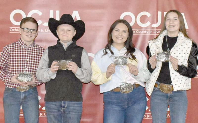 At the Ochiltree County Junior Livestock Show and Sale on Jan. 17-18, the Junior Reserve Showmanship Awards were presented to participating students. Pictured are, from left: Clay Oquin, Teaghan Morgan, Avery Swenhaugen, and Davanee Anderson. (Photo credit: Morgan Dudley)