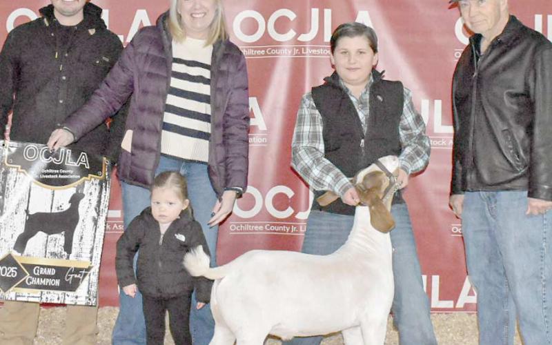 The award for Grand Champion Goat at the Ochiltree County Junior Livestock Show and Sale on Jan. 17-18 went to Graham Duvall. The animal was purchased by Panhandle First Bank. Pictured from left are Cameron Duvall, Cindy Duvall, Kollyns Duvall, Graham Duvall, and Bill Pittman. ( Photo credit: Morgan Dudley)