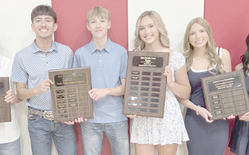 Perryton High School’s track team was honored on May 4 at the Perryton High School All Sports Awards Banquet. Pictured are, from left: Victor Sandoval, boys Fighting Heart winner; Aaron Trevizo and Jacob Erickson, boys MVPs; Summer Brillhart, girls MVP; and Kendyl Brady and Zoey Valdez, girls Fighting Heart winners.