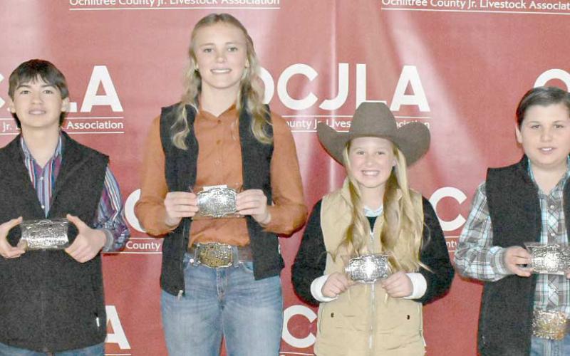 The Junior Showmanship Awards were presented to students at the Ochiltree County Junior Livestock Show and Sale on Jan. 17-18. Pictured are, from left: Connor Pribble, Payton Schilling, Lakyn Boxwell, and Graham Duvall. ( Photo credit: Morgan Dudley)
