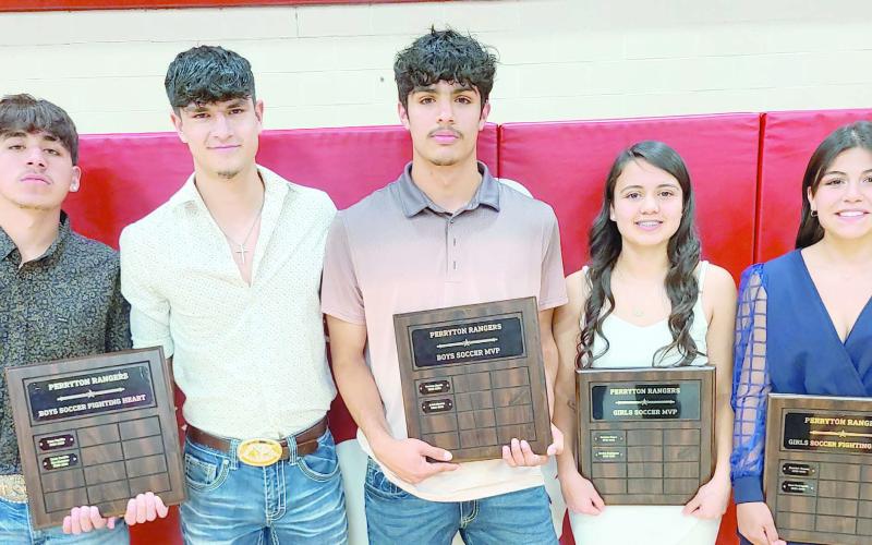 Perryton High School’s soccer teams were honored at the annual All Sports Awards Banquet. Pictured are, from left, Ryu Ramirez and Yahir Castillo, boys team Fighting Heart award winners; Aviel Montes, boys team MVP; Evelyn Rodriguez, girls team MVP; and Yeiri Rodriguez, girls team Fighting Heart award winner.
