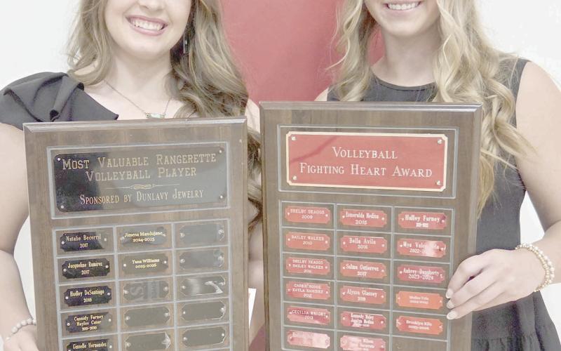 Perryton High School’s volleyball team was honored at the Perryton High School All Sports Awards Banquet. Pictured are, from left: Tana Williams, the team’s MVP, and Brooklyn Kile, winner of the Fighting Heart award.