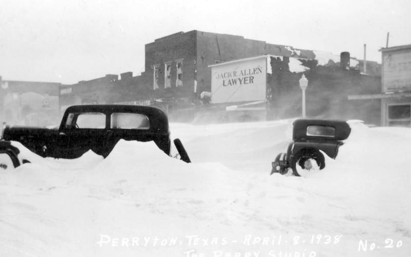 SNOW STORM — This snow on April 8, 1938 shows Perryton’s Main Street clogged with snowdrifts five feet high. This was one of the worst storms of that winter.
