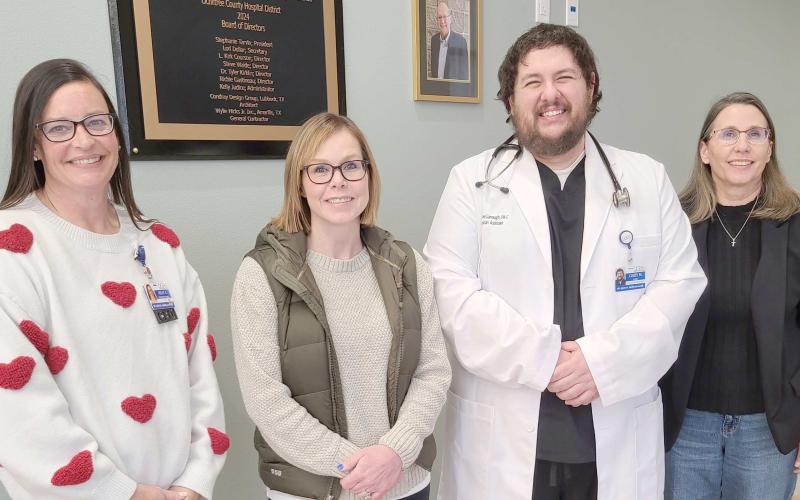 The Perryton Health Center recently welcomed two new providers to the clinic. Casey McGarraugh is a physician assistant, and Susan Childers is a nurse practitioner. Both grew up in Perryton and have returned to the city to be closer to family and improve healthcare in the community. Both are accepting new patients; appointments can be made by calling 806-- 435-7224. Pictured are, from left, Ochiltree Hospital District CEO Kelly Judice, Childers, McGarraugh, and hospital board member Lori Dollar.