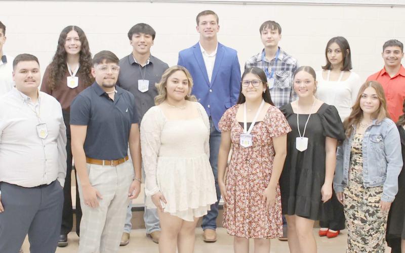 Perryton High School’s chapter of the National Honor Society inducted new senior members into the organization. Pictured are, from left, front row, Ever Andujo, Bryant Canssino, Iranary Castandea, Gisel Cantreras, Aubrey Daugherty, Galadriel Leyva, and Valerie Ramirez; and back row, Alexis Martinez, Emma Martinez, Javier Martinez, Brayden Newman, Hector Sandoval, Fernanda Silva, and Caden Rodriguez.
