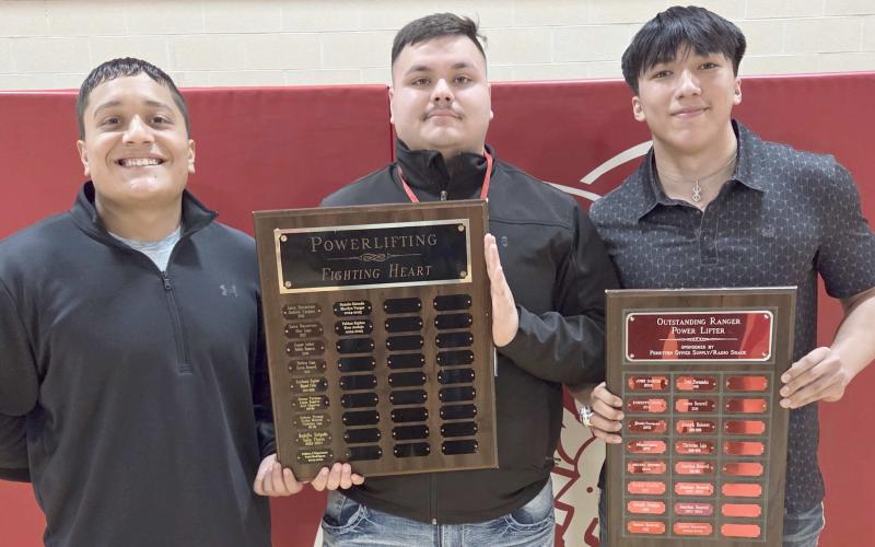 BOYS POWERLIFTERS WIN HONORS— Perryton High School’s boys powerlifting team was honored at the Perryton High School All Sports Awards Banquet. Pictured are, from left, Fabian Espino and Ever Andujo, who received the Fighting Heart award, and Javier Martinez, the Outstanding Powerlifter.