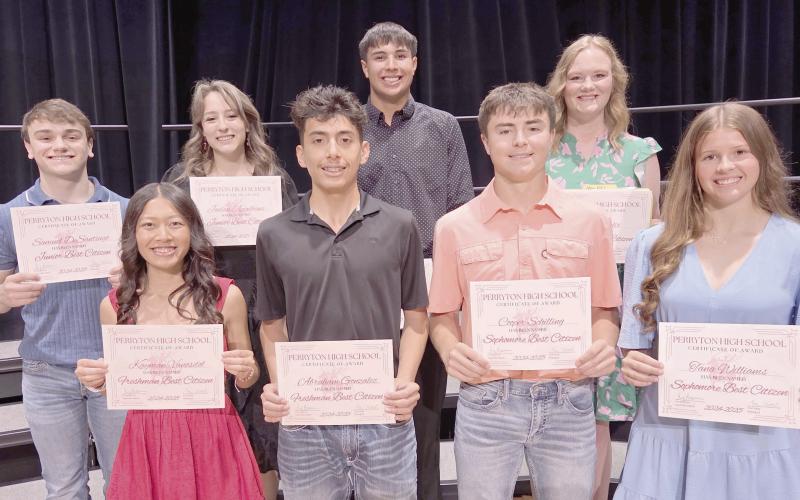 At the annual Perryton High School awards ceremony on May 13, students in each class were honored as the Best Citizens. Pictured are, from left, front row, freshmen Kayman Vanosdol and Abraham Gonzalez, and sophomores Cooper Schilling and Tana Williams; and back row, juniors Samuel DeSantiago and Jaelan Appelhans, and seniors Avaun Garcia and Adlee Felix.