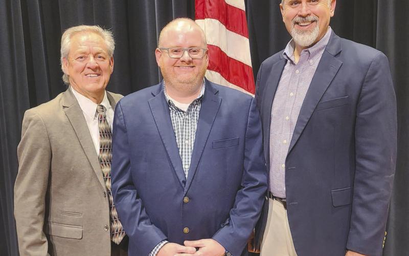Perryton High School’s annual Veterans Day program brought together veterans from recent campaigns in the Middle East all the way back to World War II. In addition to presentations recognizing every veteran attendee, there were also musical performances and a special presentation by guest speaker Ben Malone. Pictured are, from left, emcee Marlon Sparks, Malone, and PISD Superintendent Greg Brown.