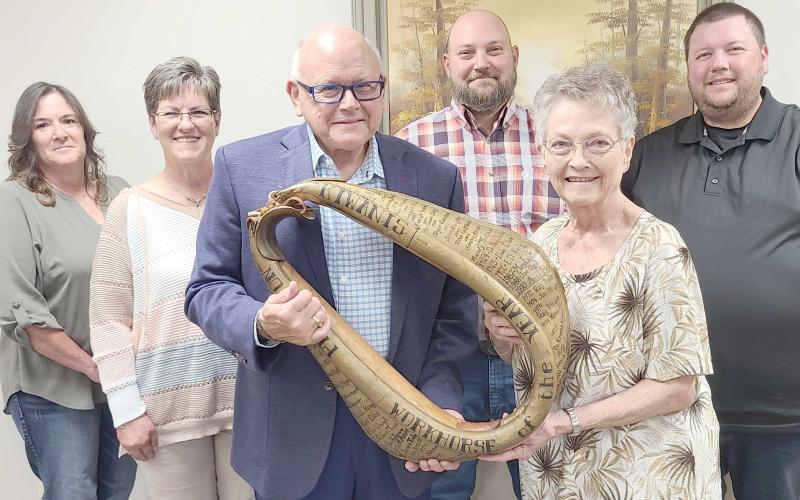 PAST WORKHORSES RECOGNIZED— Several past Workhorses of the Year were on hand during the annual Installation Banquet for the Perryton Kiwanis Club on Tuesday, Sept. 24. Pictured are, from left, Nikki Green (2021), April Snyder (2017), Kerry Symons (2007 and 2024), Chase Allison (2020), Kay Allison (2018), and Kevin Cummings (2022).