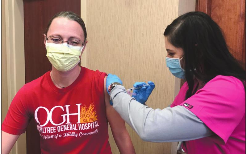 COVID-19 VACCINES MAKE IT TO COUNTY Ochiltree County Hospital District received the first doses of the Moderna COVID-19 vaccine last week and were able to administer 120 vaccine doses to hospital employees, Perryton EMS, and residents and employees at The Seasons. Dr. Jennifer McGaughy was one of the first county doctors to get the vaccine, with Judy Valenzuela, LVN and employee health nurse for the hospital, administering the injection.