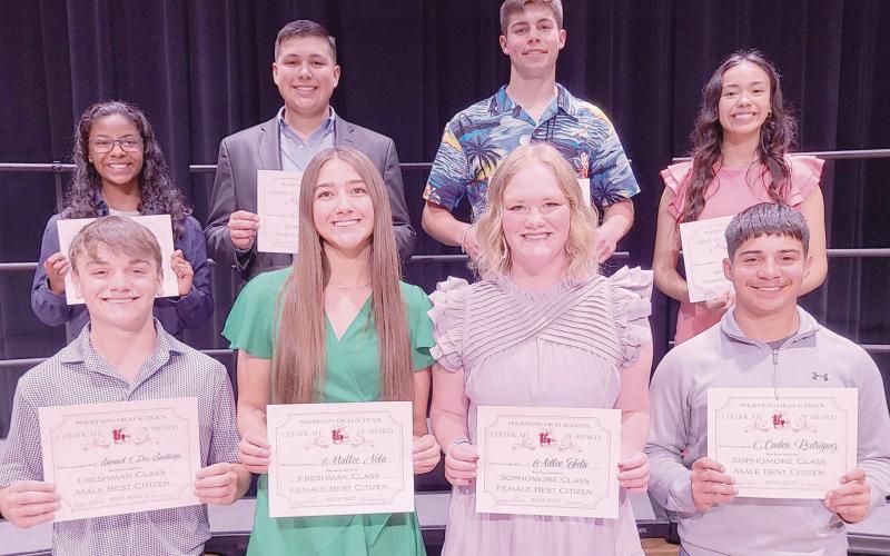 BEST CITIZENS AT PHS— At the annual Perryton High School awards ceremony the end of May, students in each class were honored as the Best Citizens. Pictured are, from left, front row, freshmen Samuel De Santiago and Mallee Vela, and sophomores Adlee Felix and Caden Rodriguez; and back row, juniors Tiana Hill and Carlos Hernandez, and seniors Tad Pshigoda and Sofia Flores.