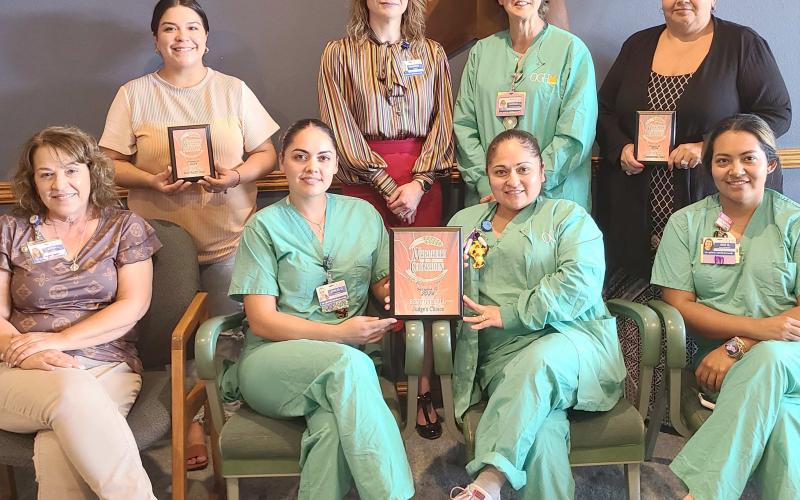 PARADE WINNERS RECOGNIZED— The winners of the Wheatheart of the Nation Celebration parade in August were honored by the Wheatheart of the Nation Celebration Committee earlier this month. Among the winners recognized were, from left, front row, Jerra Lowrey, Idalia Gonzalez, Reyna Mendoza, and Ana Becerril, all from Ochiltree General Hospital; and back row, Bianca Peregrino from North Plains Electric Cooperative, Shannon Jines and Barbara Ledbetter from OGH, and Michelle Cabrera from Interstate Bank.