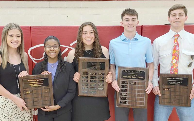 PHS TRACK STARS BRING HOME AWARDS— Perryton High School’s track team was honored on Moay 1 at the Perryton High School All Sports Awards Banquet. Pictured are, from left, Kelsie Lossie and Tiana Hill, girls Fighting Heart award winners; Mackenzi Stokes, girls team MVP; Daxton Rigdon, boys team MVP; and Tad Pshigoda, boys Fighting Heart award winner.