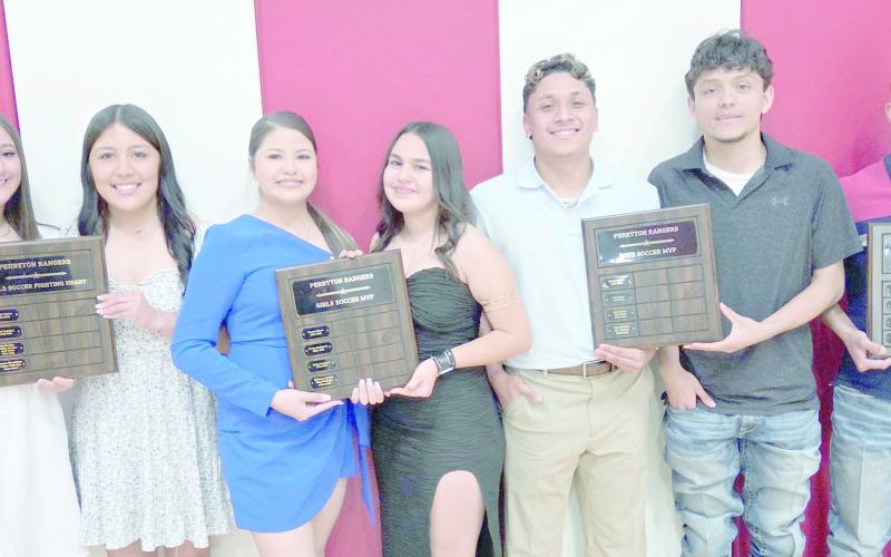 Perryton High School’s boys and girls soccer teams were recognized on May 4 at the All Sports Awards Banquet at the high school’s Rangerette Gym. Pictured are, from left, Leanna Mandujano and Celeste Ontiveros, who shared the girls Fighting Heart award; Brittany Carrasco and Eimy Medrano, the girls MVPs; Isaac Ramirez and Jose Bautista, the boys team’s MVPs; and Omar Granados, winner of the boys Fighting Heart award. Not pictured is Aaron Ceniceros, who also won the boys Fighting Heart award.