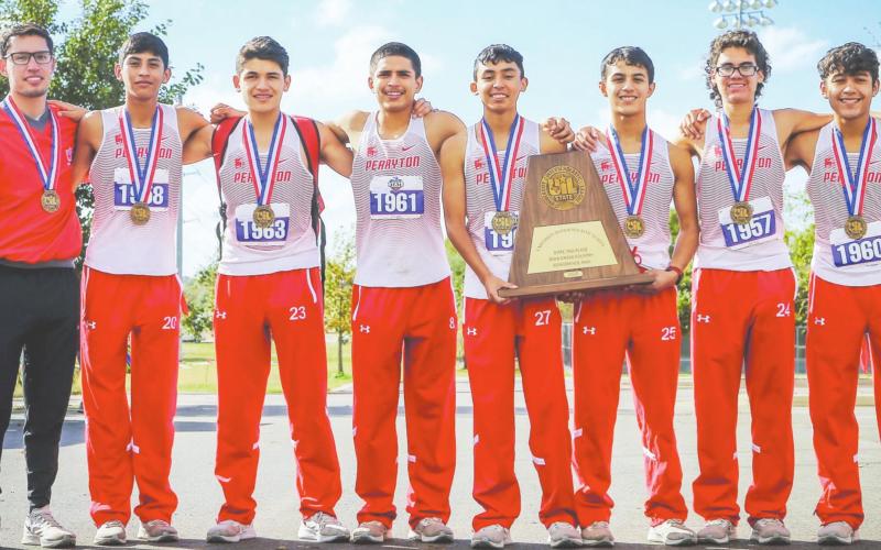 TAKE THIRD AT STATE The Ranger cross country team earned a third place finish at the state meet last week in Round Rock. Pictured, from left, are Coach Ulises Lopez and team members, Eduardo Castillo, Alejandro Uribe, Jorge Palma, Julian Rivero, Adrian Ceniceros, Jonathan Alaniz and Javier Ledezma.