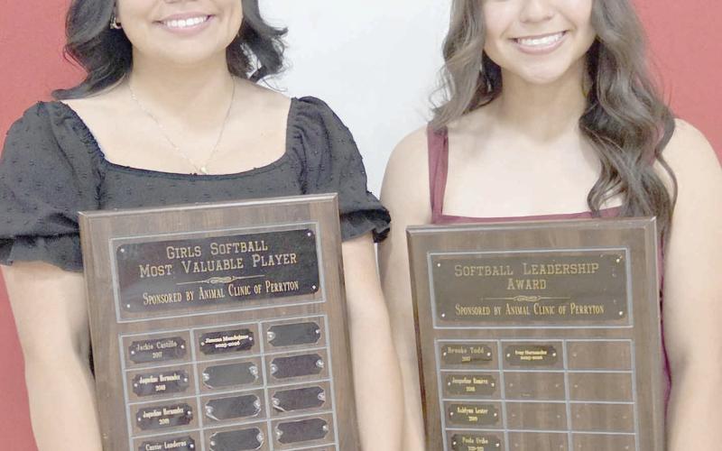 Perryton High School’s softball team was honored on May 4 at the Perryton High School All Sports Awards Banquet. Pictured are, from left, Jimena Mandujano, the team’s Most Valuable Player, and Ivay Hernandez, recipient of the Leadership Award.