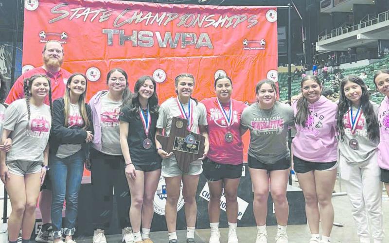 RETTES TAKE SECOND AT STATE The Rangerette powerlifting team captured second place in the state meet last week. In addition, Vanessa Chavira repeated for the second time with an individual state championship. Pictured, from left, are team members who attended the state meet, Alayna Lugo, Nevaeh Martinez, Natalie Mandujano, Yuliza Marquez, Natalie Estrada, Yeiri Rodriguez, Vanessa Chavira, Jackie Ramirez, Ivay Hernandez, Ruby Ramirez and Jimena Mandujano. In back is Coach Casey Arruda.