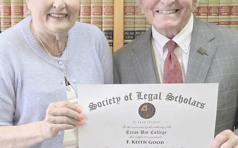 GOOD NAMED FELLOW AT TEXAS BAR— Perryton attorney F. Keith Good was recently named a 20-year fellow of the Texas Bar College, an honorary society of lawyers and paralegals who are leaders in the Texas legal community and champions of legal education. He credited the assistance of his longtime paralegal, Ellen Orr, after the honor was announced. Pictured are, from left, Orr and Good.